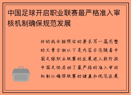 中国足球开启职业联赛最严格准入审核机制确保规范发展 中国足球开启职业联赛最严格准入审核机制确保规范发展