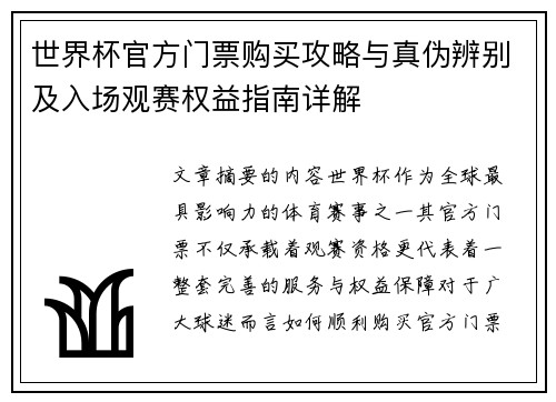世界杯官方门票购买攻略与真伪辨别及入场观赛权益指南详解