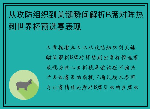 从攻防组织到关键瞬间解析B席对阵热刺世界杯预选赛表现 从攻防组织到关键瞬间解析B席对阵热刺世界杯预选赛表现